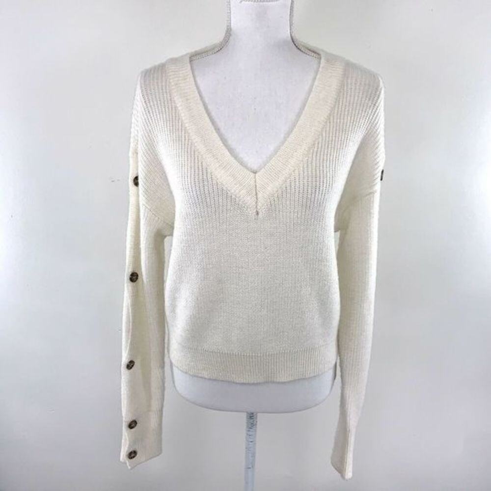 FEW MODA NEW YORK Sweater Size S Button Sleeve‎ Crop Cream White